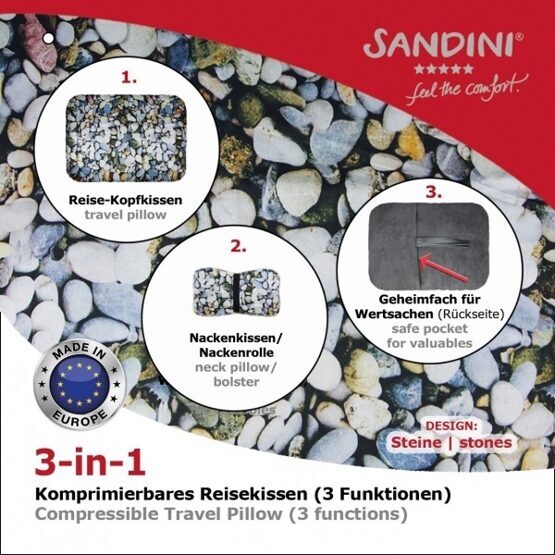 Sandini 3-in-1 Reisekissen Steine (Kissen/ Nackenrolle/ Geheimfach) in Stein-Grau